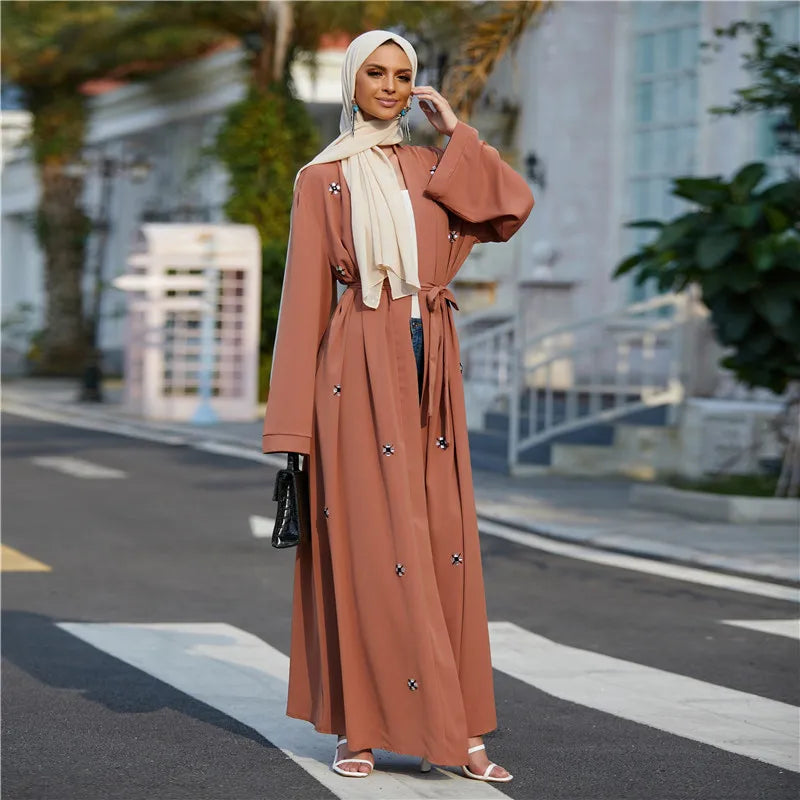 Loriya Modest Dresses Beaded Muslim Open Front Abaya Dubai Traditional Muslim Clothing Open Abaya Islamic Clothing