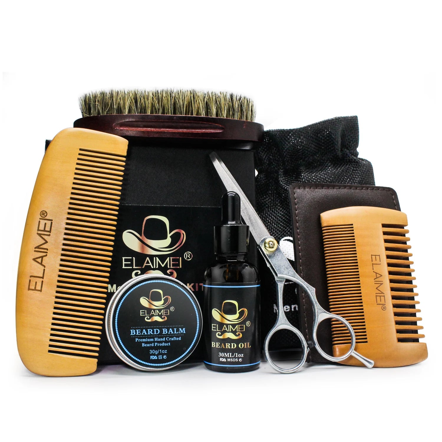 ELAIMEI Private Label Custom logo Grooming Mens Beard Care Set Kit Beard Brush and Comb Set Men Gift Beard Set