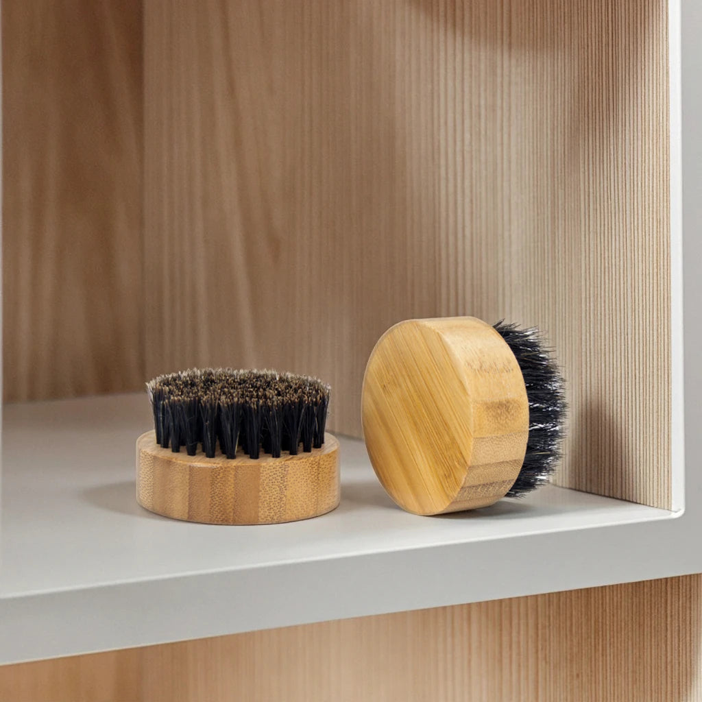 Custom Logo Natural Boar Bristles Brush Small and Round Beard Brush Mini Portable Bamboo Brush for Men's Shaving Mustache