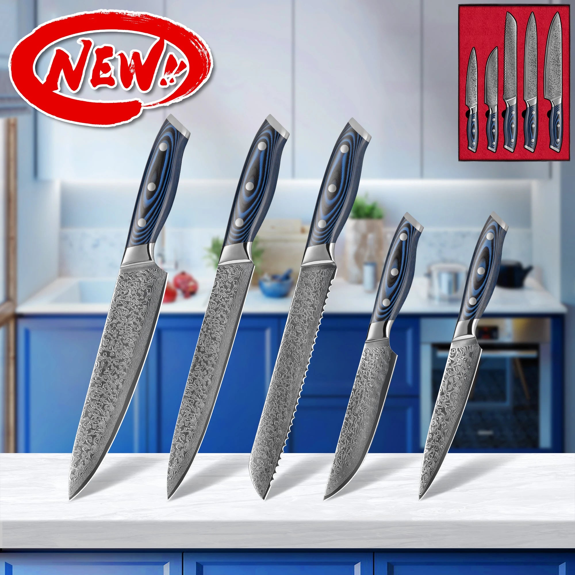 10% off Blue G10 Handle Luxury Super sharp High Carbon Knives Vg10 67 Layers Damascus Steel Kitchen Knife Set for USA Market