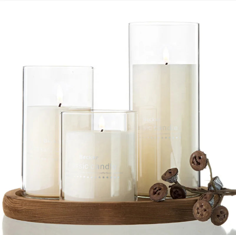 FJ Transparent Borosilicate Glass Cylinder Candle Holder Vase Heat Resistant Handmade Silk Screen Printed Home Decoration