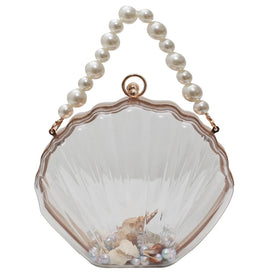 New Model Fashion Women Purse Acrylic Shell Clutch Bag Handbag with Pearl Chain Strap