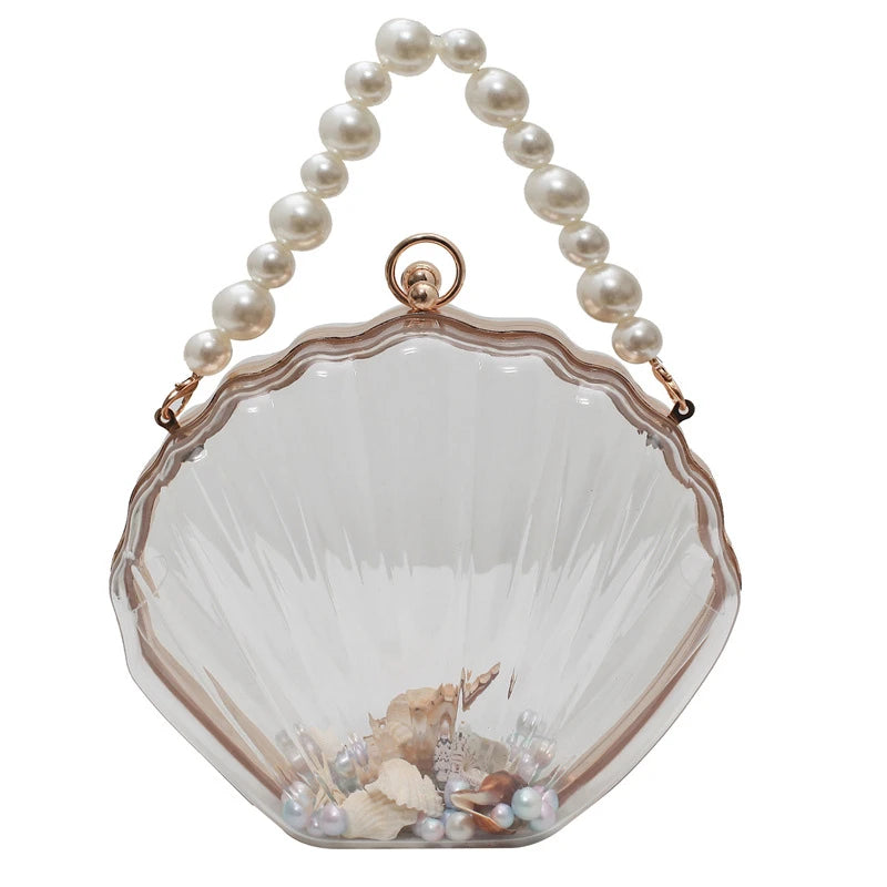 New Model Fashion Women Purse Acrylic Shell Clutch Bag Handbag with Pearl Chain Strap