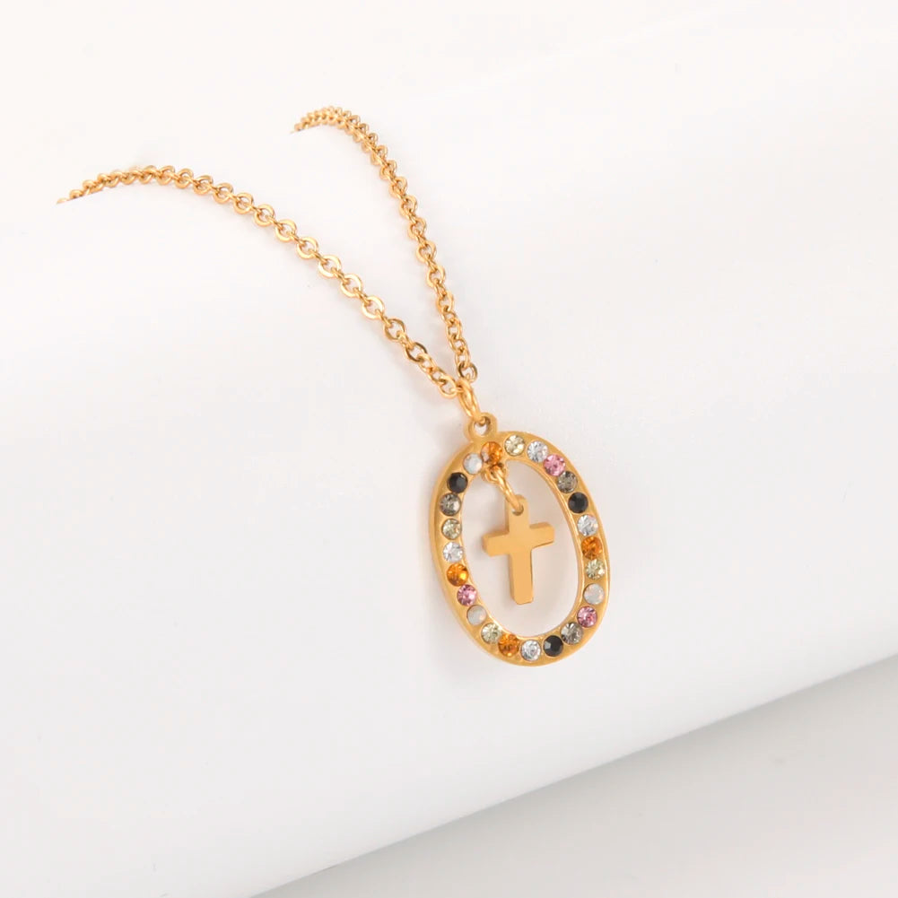 Shining Zircon Cross Pendant Necklace for Women Oval Neck Chain Stainless Steel Jewelry Mother's Day Gift Wholesale 2022