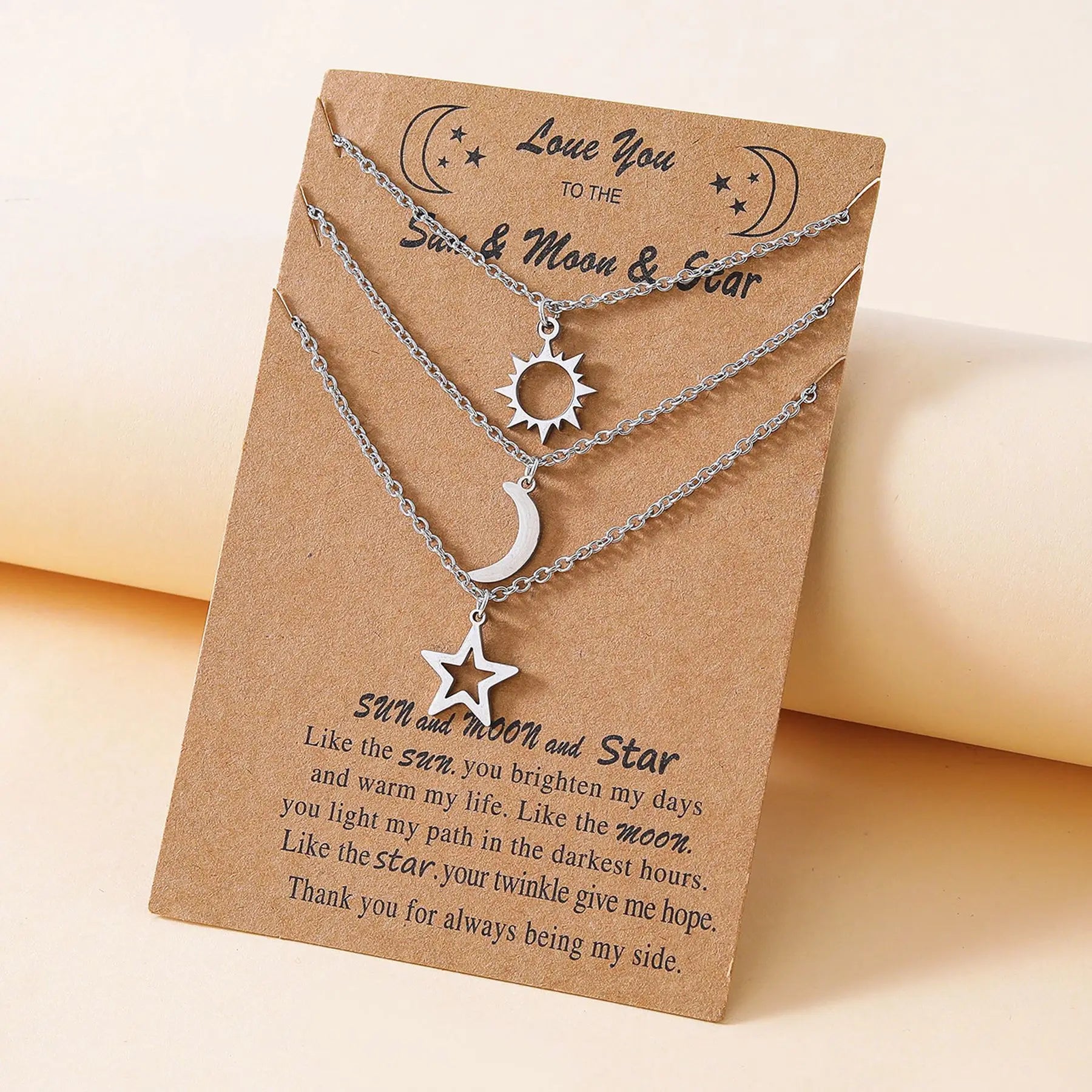 Fashion Tarnish Free Silver 18K Gold Plated Stainless Steel Satr Sun Moon Pendant Necklace Jewelry for Women