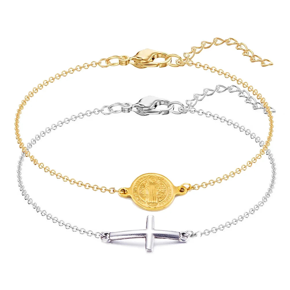 Fashion Stainless Steel Gold-Plated Chain Bracelet for Women Jesus Easter Gift  Cross Bracelet