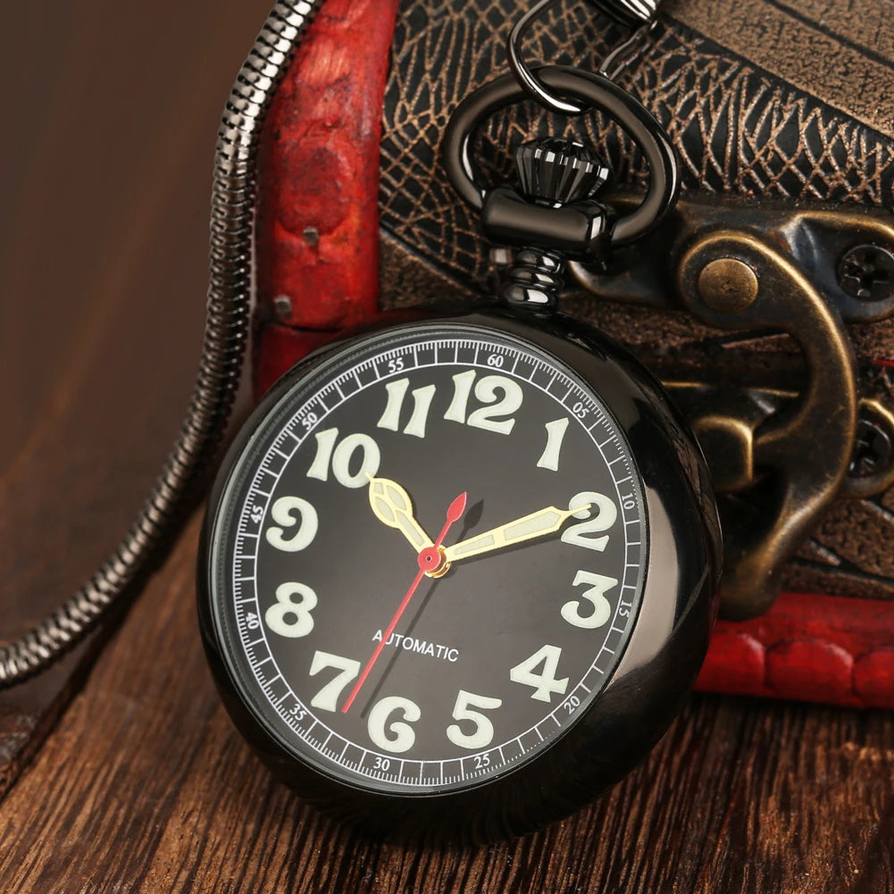 Luxury Black Arabic Numerals Analog Automatic Mechanical Pocket Watch With Snake Chain for Men Gift