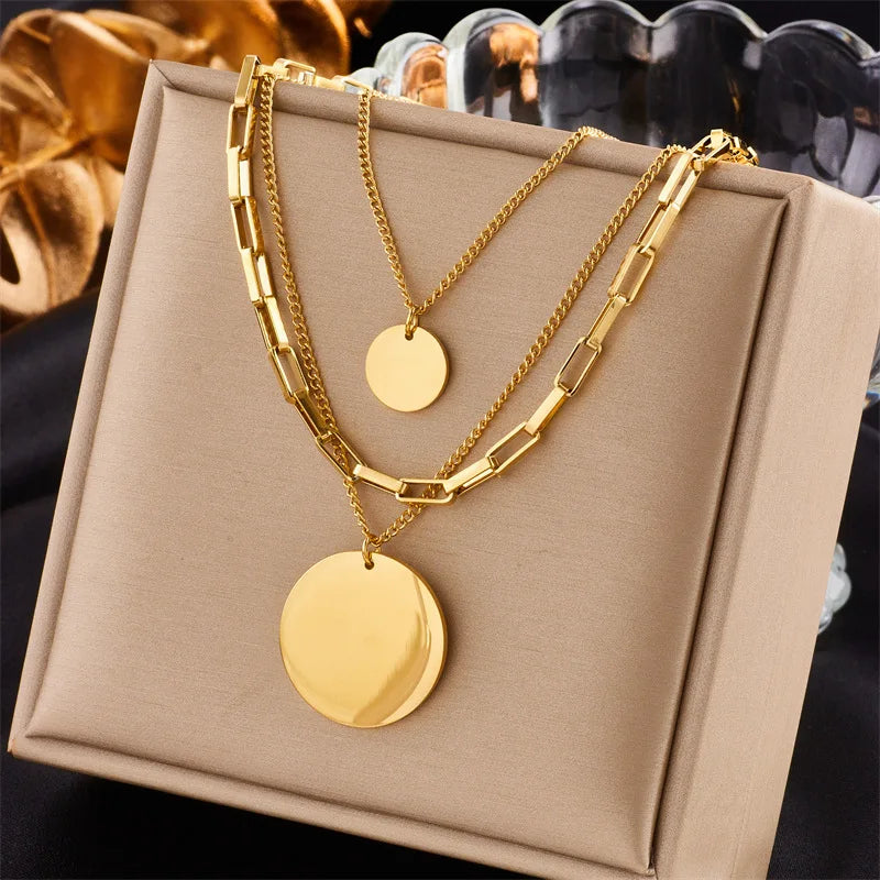 New Fashion Non Tarnish 18k Pvd Gold Plated Stainless Steel Multi Layer Round Pendant Necklaces for Women