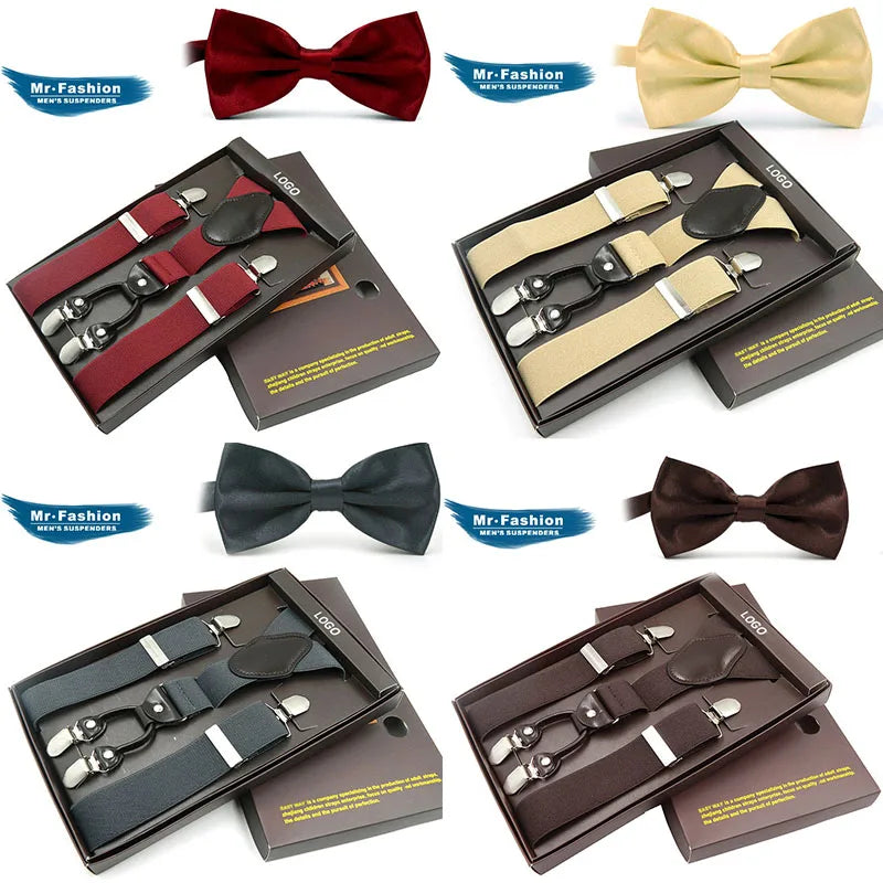 Men Solid Suspender Bowtie Set Adjustable Strong 6 Clips for Wedding Party Bow Tie and Suspenders