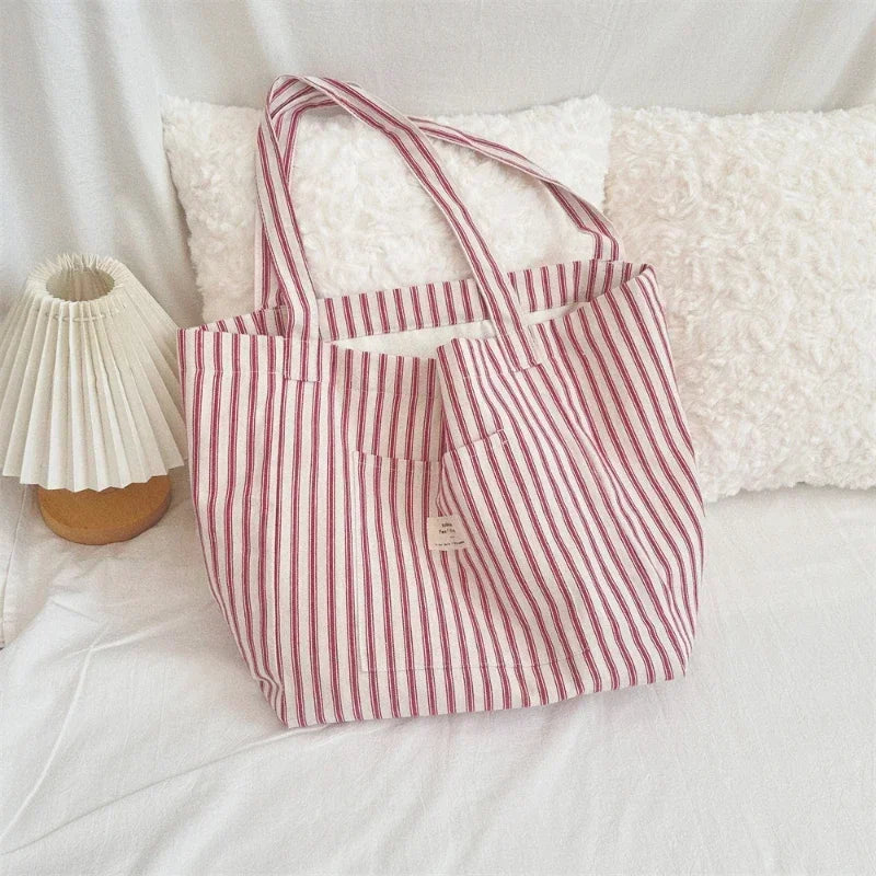 Striped Design Women's Shoulder Storage Bag Large Capacity Female Portable Shopping Bags Casual Lady Casual Tote Purse Handbag