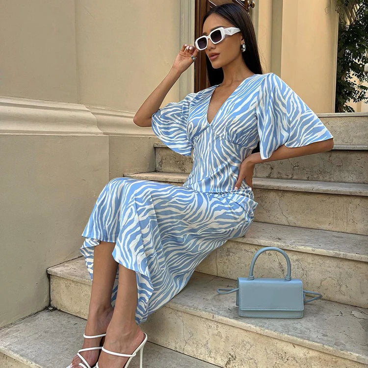 V Neck Lace-Up Cut-Out Backless High Waist Satin Long Blue Striped Dress Women's Casual Summer Dresses