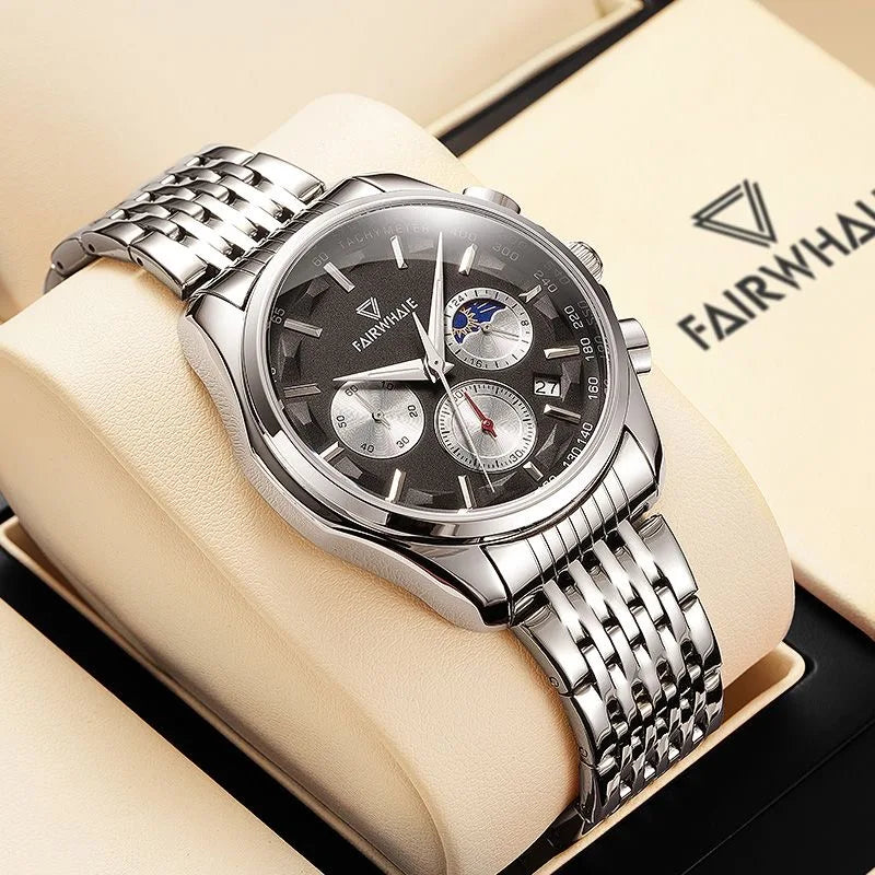 Fashion Stainless Steel Watch Business Men Quartz Watch Moon Waterproof Watch for Men