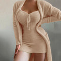 Two Pieces Set Women Pajamas Set Solid Color Low Cut Long Sleeve Thermal Slim Long Robe Drawstring Nightdress Set