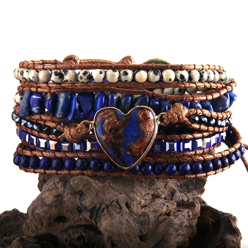 New Designer Women Gift Fashion Boho Bracelet Handmade Mixed Natural Stone 5 Strands Heart Wrap Bracelets