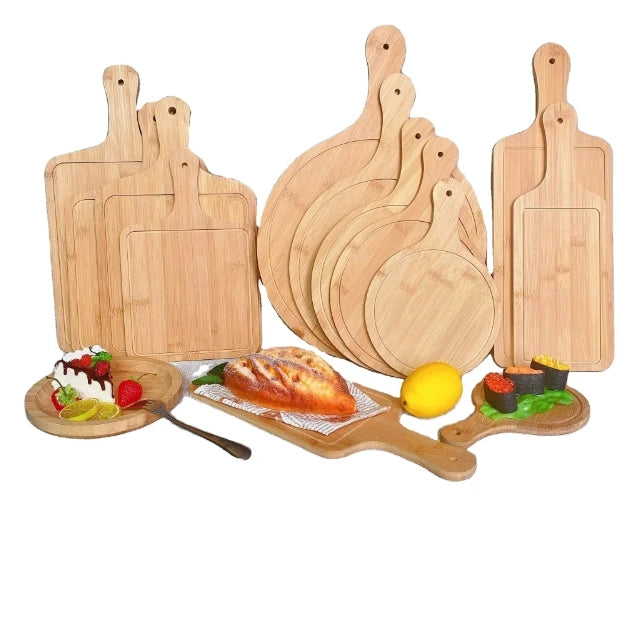 Wholesale Custom Bamboo Cutting Board Bamboo Pizza Trays Restaurant Bar Wooden Round Rectangular Pizza Serving Trays With Handle