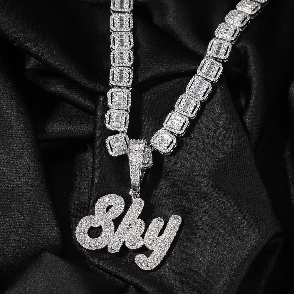 TOP ICY Brush Font Cursive Letter Custom Name Necklace 9mm Baguette Chain Full Iced Out Zircon Hiphop Personalized Necklace