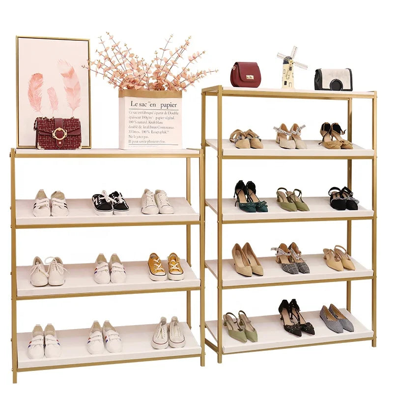 Boutique Store Shoe Display Shelf Stainless Steel Shiny Gold Multi-layer Floor-standing Shoe Display Rack Stand for Retail Shop
