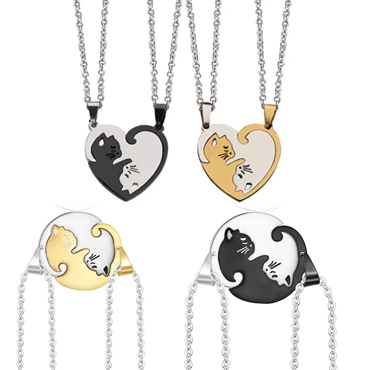 G1876 Valentine's Day Gift Couples Jewelry Stainless Steel Cat a Pair of Matching Heart Couple Pendant Necklace