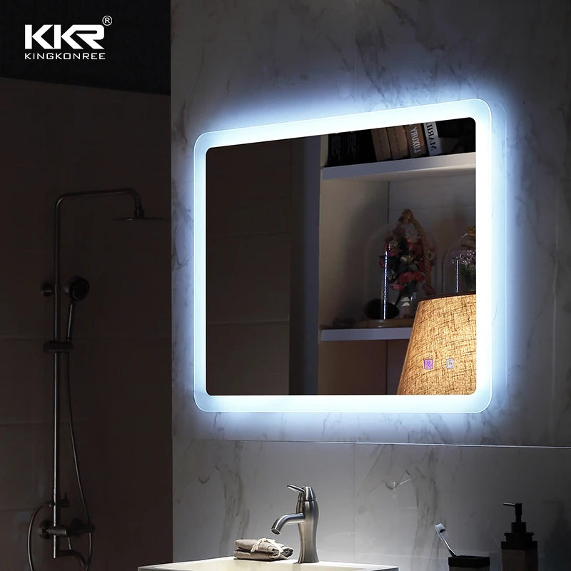 Rectangular LED Backlit Bathroom Mirror Wall-Mounted Frameless Aluminum Lenses for Hotels