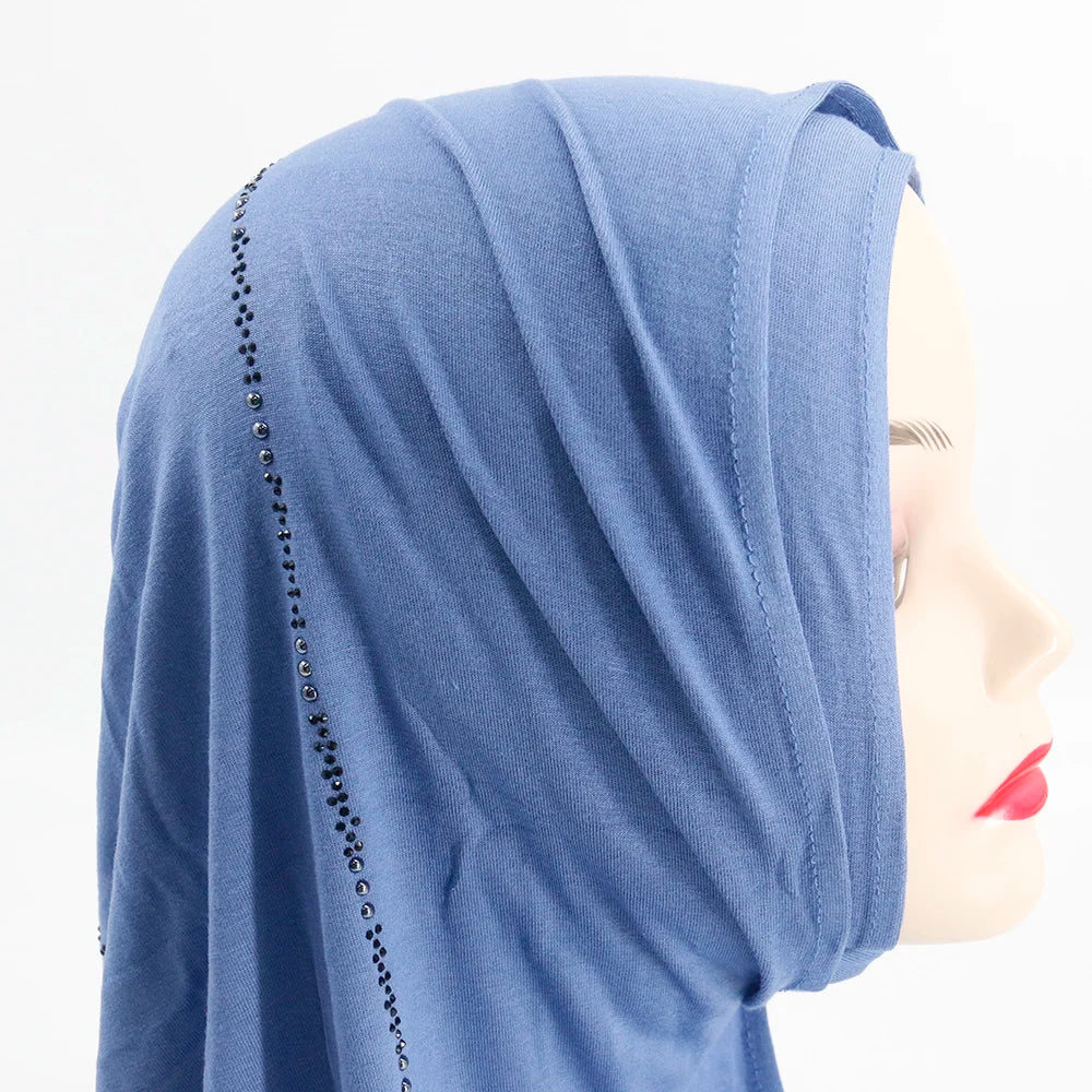 2021 Premium Women Plain Rhinestones Jersey Scarf Islamic Muslim Headscarf  Stretchy Hijab With Stones