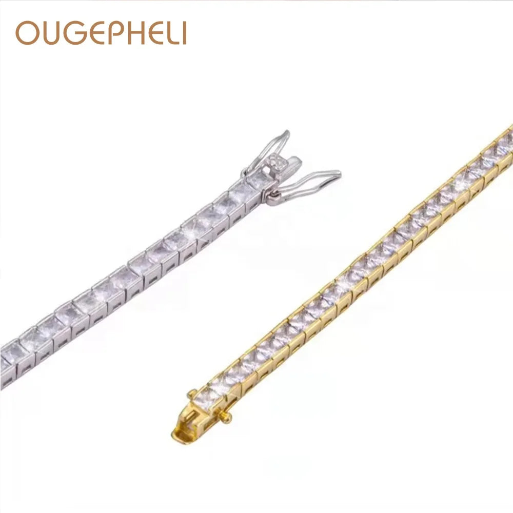 OUGEPHELI 4*4mm Zircon Cubic Zirconia CZ Brass Tennis Chain Necklace