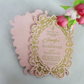 Hot Sale Irregular Shape Unique Design Pink Velvet Wedding Menu Card Gold Foil Wedding Invitation Cards Custom Accepted