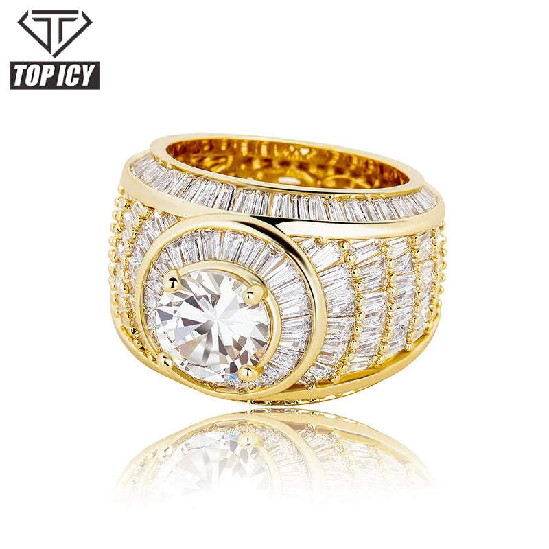 New Trendy Hipster Luxury Baguette Ring Full Diamond Cubic Zircon 18k Gold Plating Mens Jewelry Rings