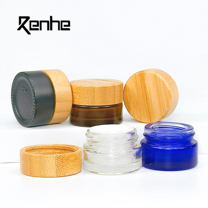 5/10g Natural Bamboo Cream Jar Without Plastic Eco Friend Frosted Glass Packaging Cosmetic Jars With Bamboo Lid