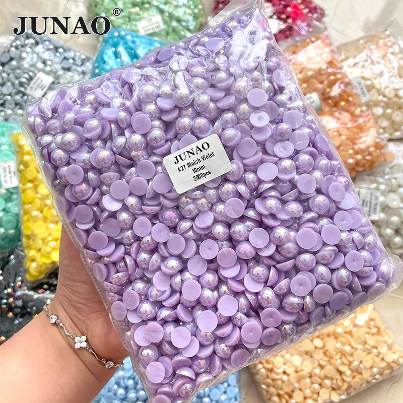 JUNAO Hot Sale 2mm 6mm 8mm 10mm 14mm Purple AB Crystal Beads Plastic Pearl Half Round Pearls for Wedding Dress