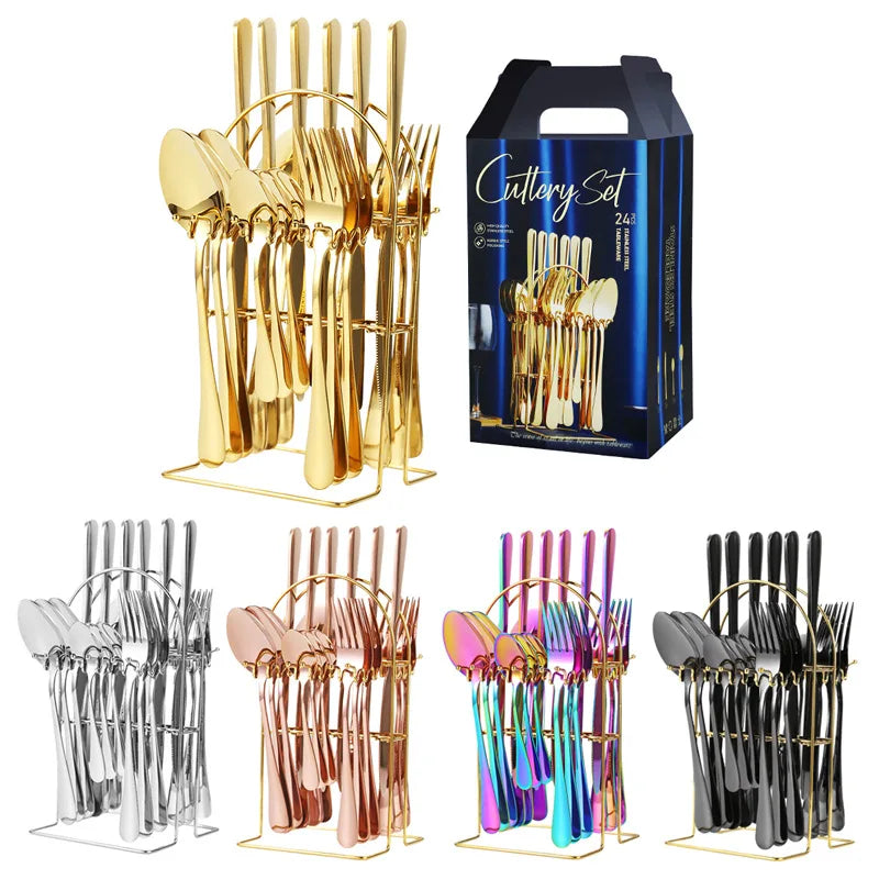 Colorful Cutlery Set Stainless Steel Hanging Flatware 24 Pcs Golden Cutlery Set With Stand Gold Cutlery Set for Wedding
