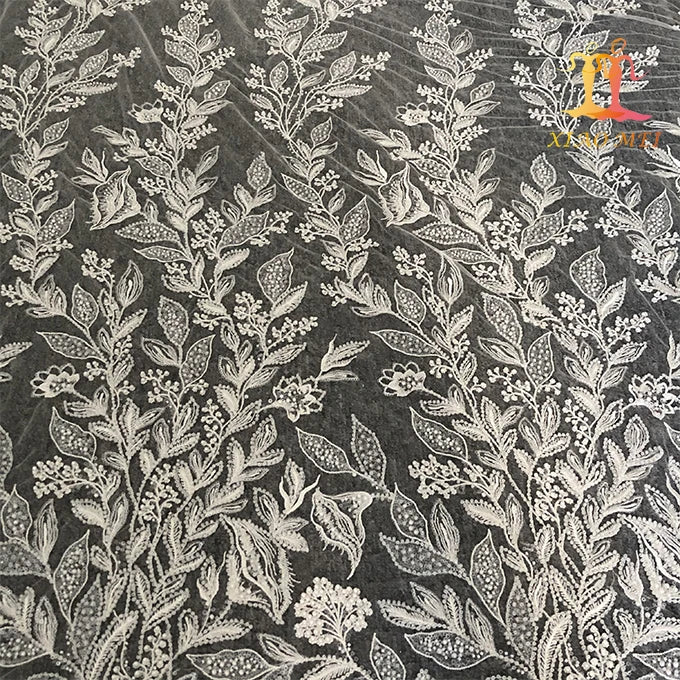 High -end 100% Polyester Luxury Pearl White Beaded Fancy Embroidery Wedding Bridal Tulle Lace Fabrics XM-BF0668