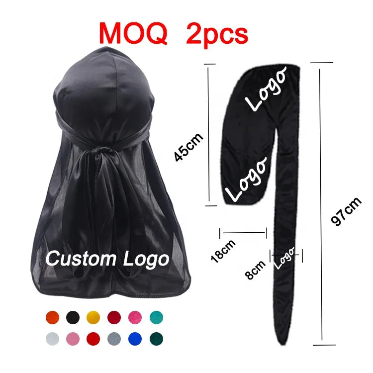 Wholesale 360 Wave Silk Satin Durags Extra Long Tails Headwraps Custom Printing Designer Durags for Men