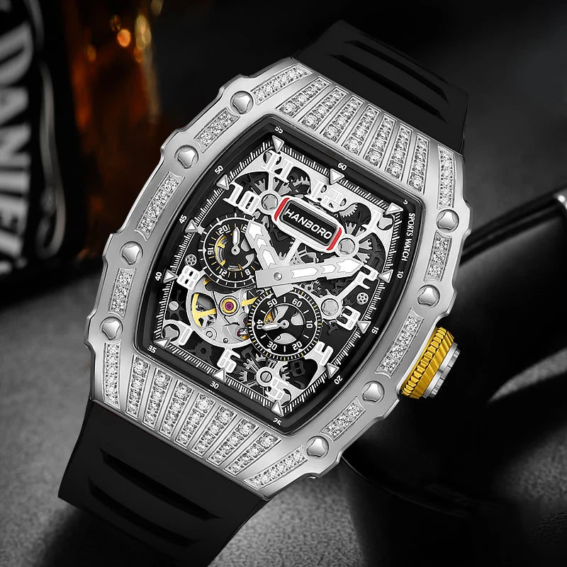 HANBORO King Series Luxury Automatic Mechanical Watch Men Pointer Dial Luminous 5BAR Water Resistant Rubber Band