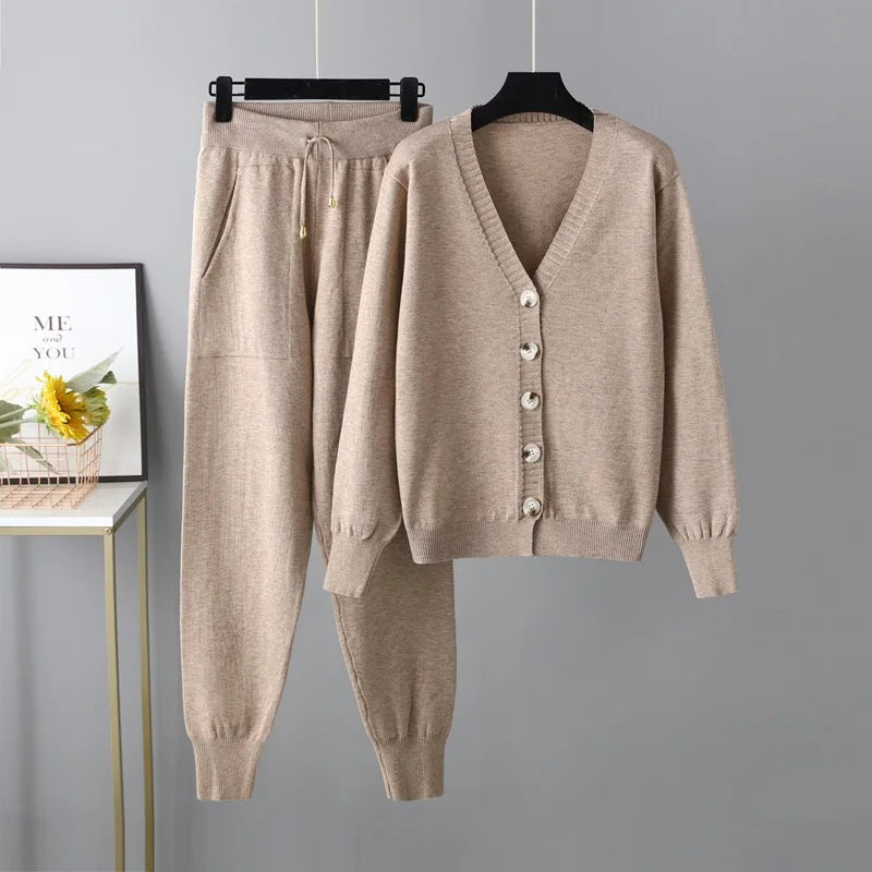 Wholesale 2026 Autumn and Winter New V-neck Cardigan Sweater Harem Pants Solid Color Cardigan Sweater Women's Set
