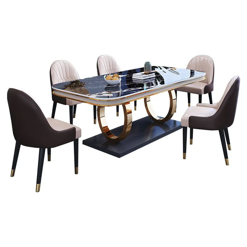 Italian Light Luxury Minimalist Style Rectangular Gold Legs Rock Plate Dining Table and Chair Kitchen Table Room