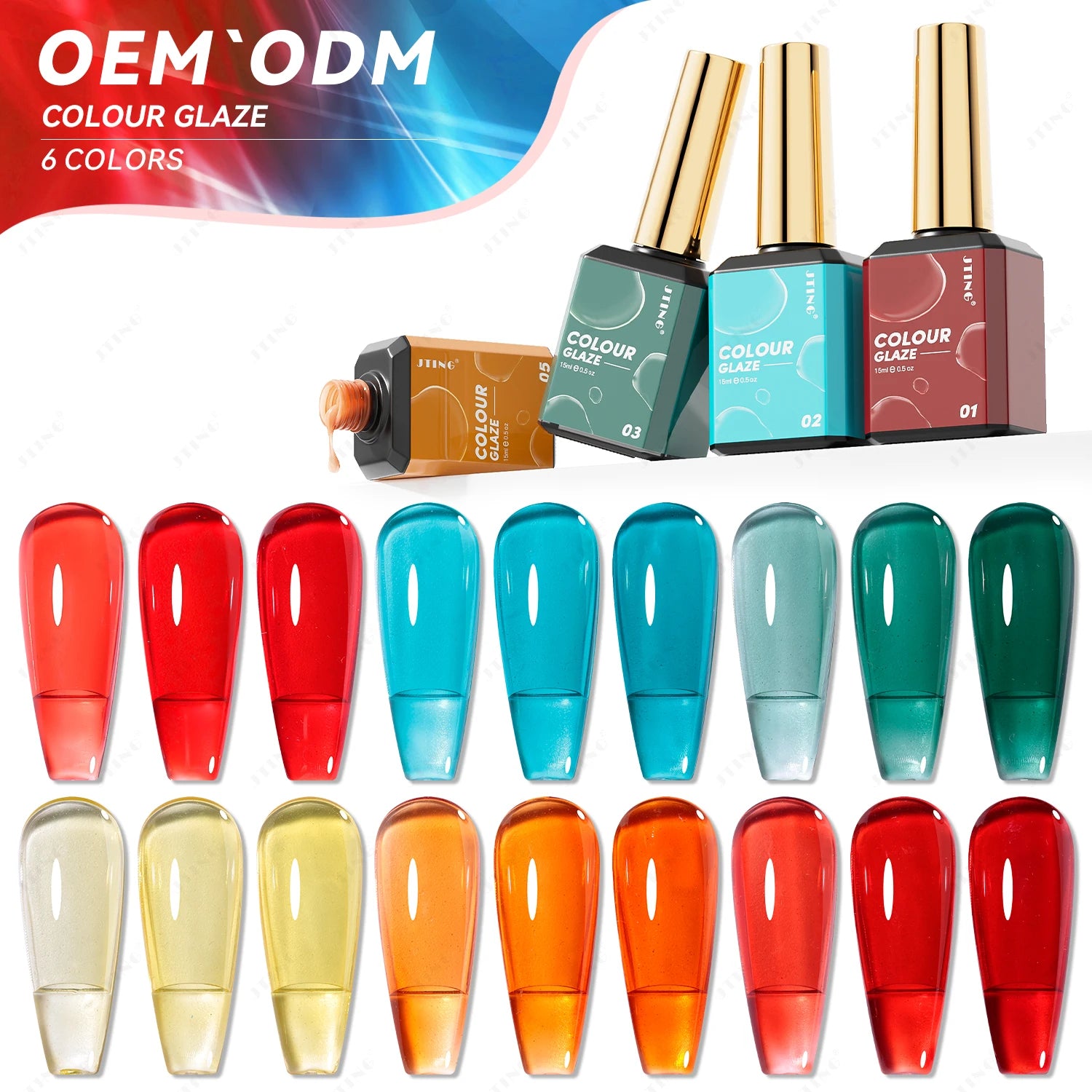 JTING Glaze Jelly Gel Polish 6colors Set High Pigment Neon Pure clear Jelly Colors Gel Nail Polish with Unique 15ml Bottles