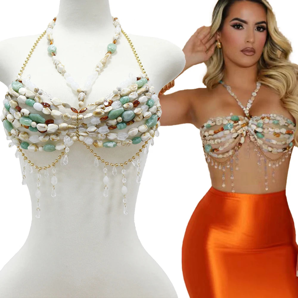 New Ladies Sand Beach Dress Strap Multilayer Stone tank Women Beaded Top Bras With Hanging Beads MegaBDM