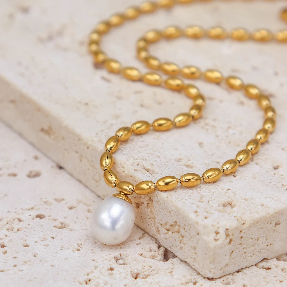 Chris April 316L Stainless Steel Gold Plated Freshwater Pearl Jewelry Olive Beads Chain Necklace