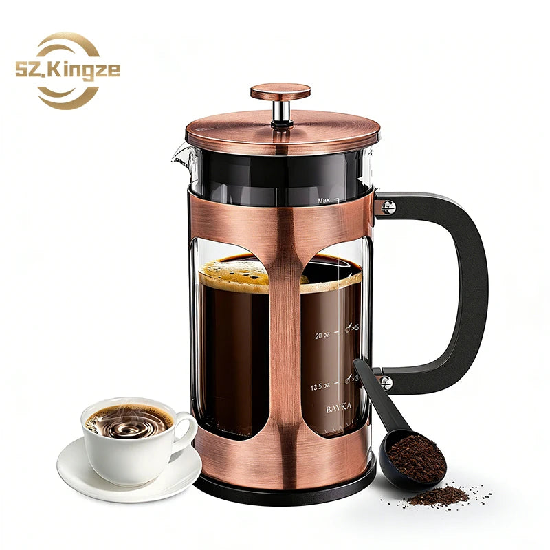 Kingze 34oz 1000ml Eco-Friendly Borosilicate Glass Teapot Stainless Steel Heat Resistant Portable French Press Coffee Maker