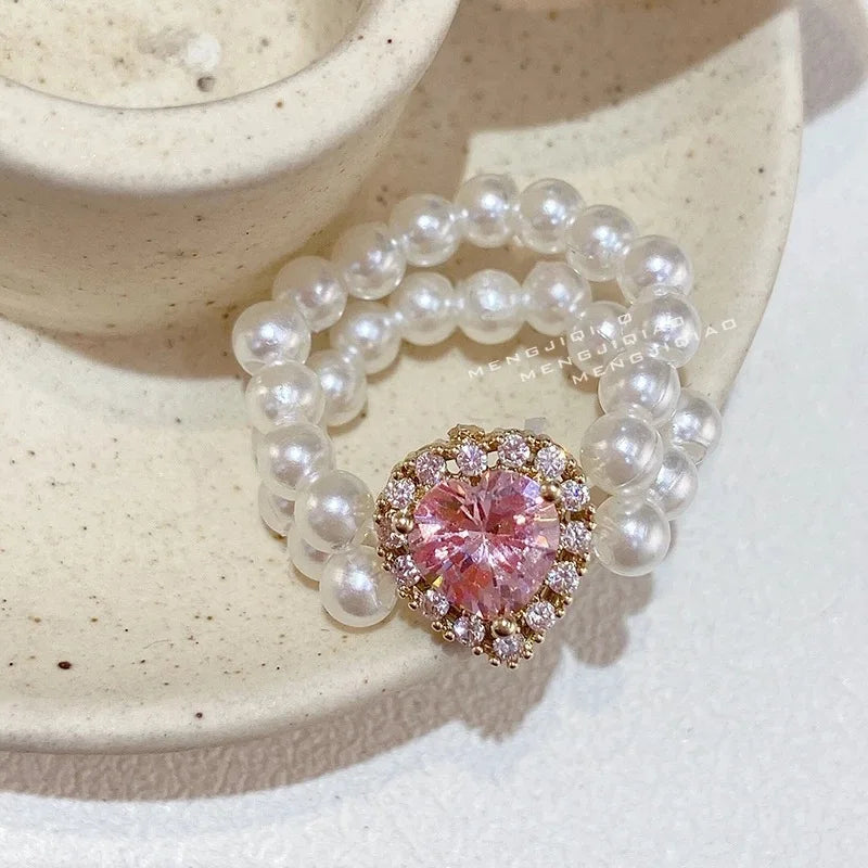 Crystal Elastic Pearl Ring Heart Double Layers Simple Simulated Pearl Finger Jewelry Adjustable Rings