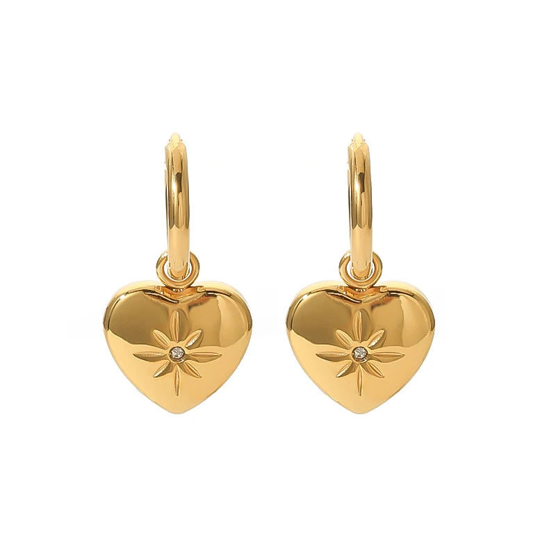 18K Gold Plated Stainless Steel Vintage North Star Sunburst CZ Love Heart Drop Earrings for Women Zircon Inlaid Jewelry