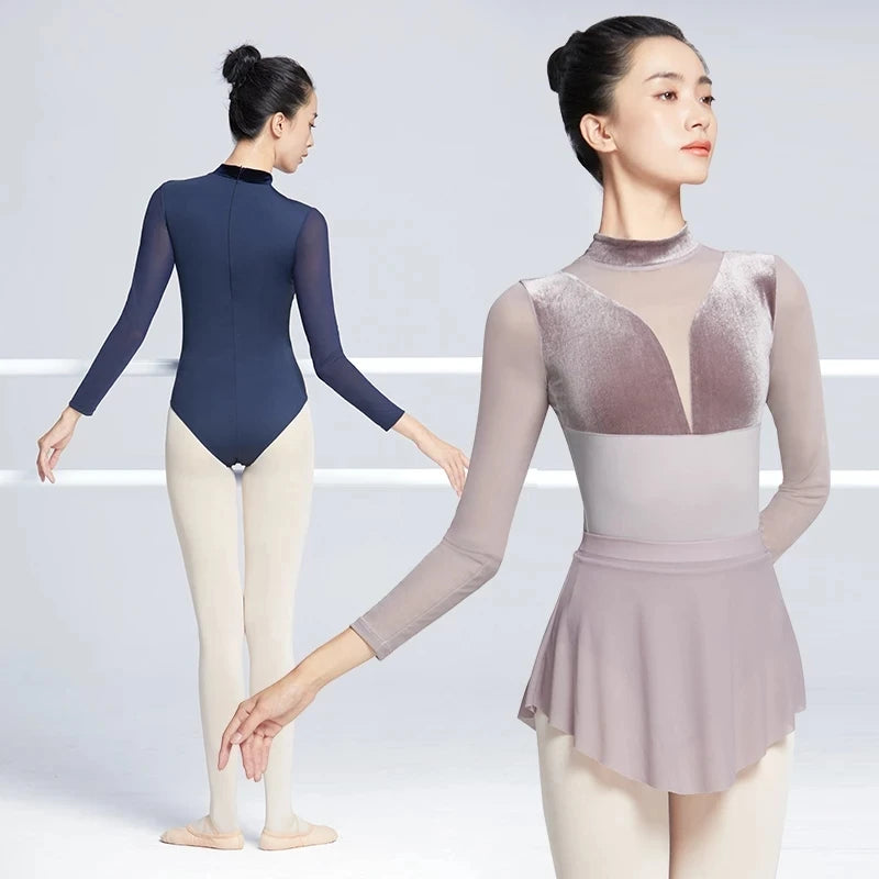 Women Long Sleeve Ballet Leotards Adult Stand Collar Velvet Mesh Splice Gymnastics Dance Jumpsuit