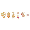 Korean New Women 6 Piece Stud Earrings Set Plated Heart Bear Earrings Gold Micro Brass for Girls Inlaid Zircon Pink Brass 18k MegaBDM