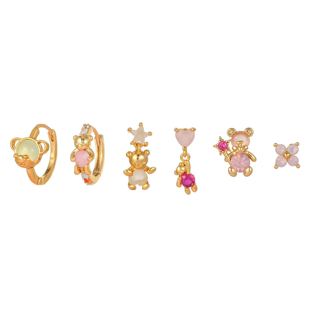 Korean New Women 6 Piece Stud Earrings Set Plated Heart Bear Earrings Gold Micro Brass for Girls Inlaid Zircon Pink Brass 18k MegaBDM
