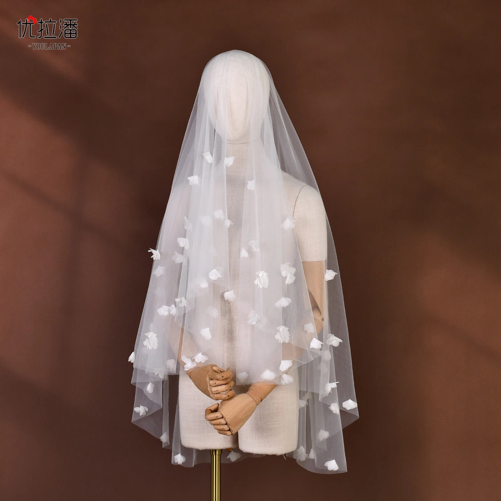 YouLaPan V111 Front Short Back Long Women Cover Face Veil Organza Flower Decoration Fingertip Short Bridal Wedding Church Veil