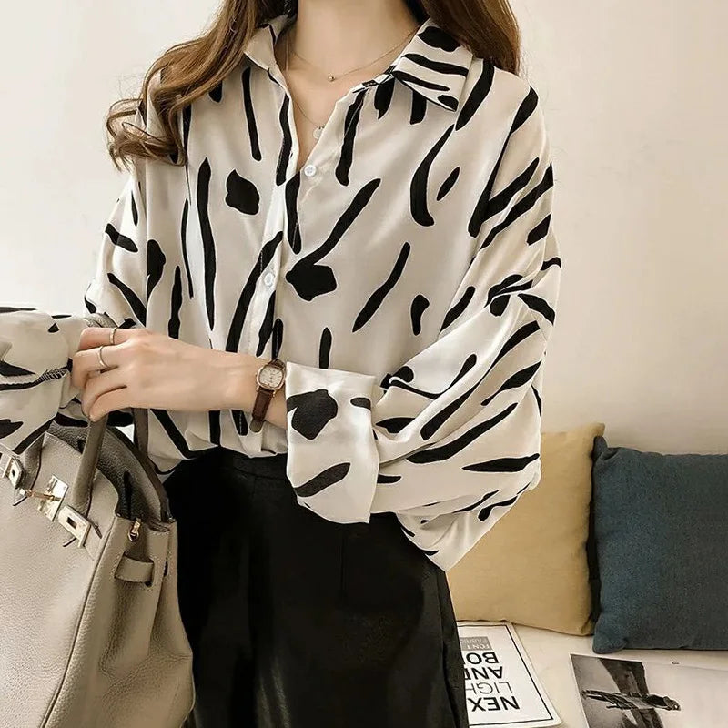 Women Elegant Blouse Shirts Leopard Blouses Femme Summer V-Neck Long Sleeve Casual Tops Plus Size Women