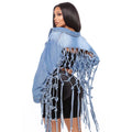 Fashion Grid Fringed Blue Denim  Coat Plus Size Jean Jacket for Women