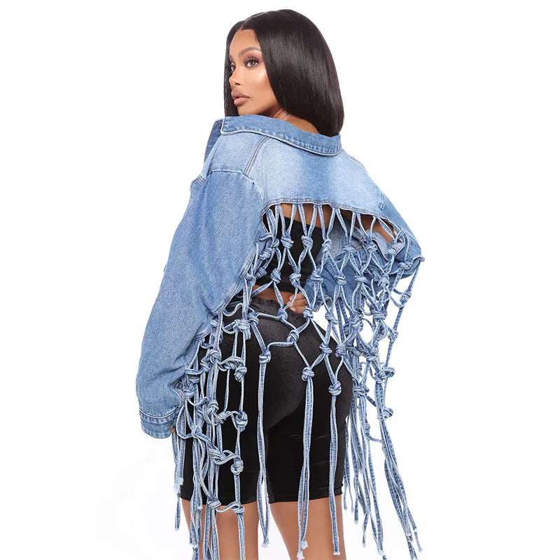 Fashion Grid Fringed Blue Denim  Coat Plus Size Jean Jacket for Women