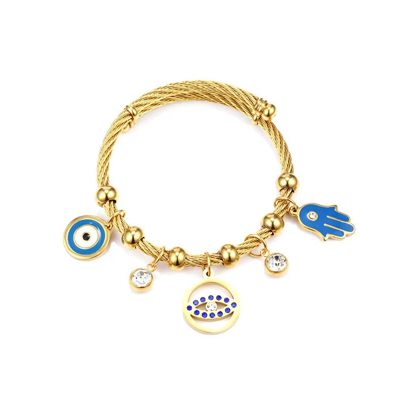 Hamsa and Evil Eye Bangle Stainless Steel Gold Hands of Fatima Bangles Bracelet Turkish Amulet Trendy Protective TalismanJewelry
