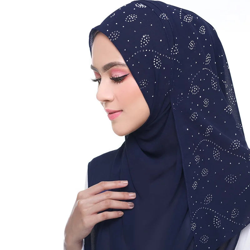 70*170cm Summer Muslim Women Chiffon Hijab Scarf Diamonds Glitter Femme Musulman Shawls Wrap Islamic Headscarf Malaysia Hijab